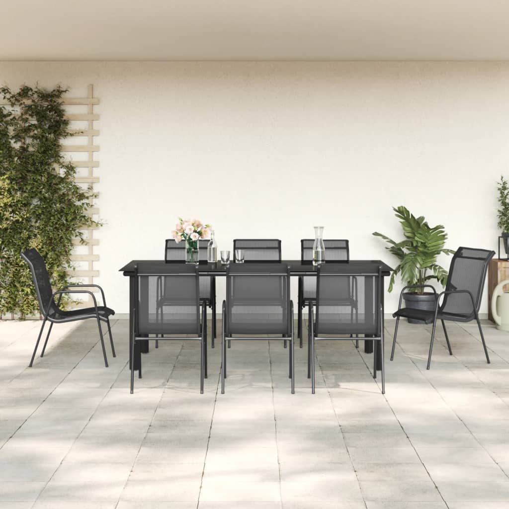 Vidaxl 9-Piece Patio Dining Set - Elegant Black Steel & Textilene Outdoor Furniture - Garden, Patio Centerpiece With Durable Design