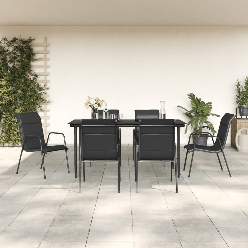 Vidaxl- 7-Piece Patio Dining Set With Steel & Textilene Chairs, Black Outdoor Furniture For Garden, Patio, Decking
