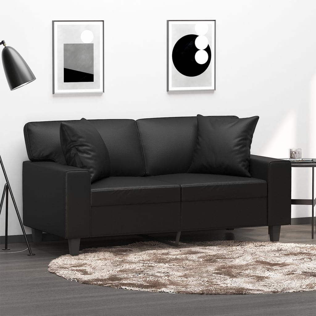 Vidaxl Modern 2-Seater Lounge Sofa With Throw Pillows - Black Faux Leather Couch For Living Room, Office, Lounge Areas
