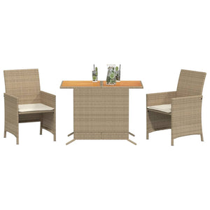 Vidaxl 3-Piece Bistro Set - Beige Poly Rattan With Cushions, Acacia Wood Tabletop, Compact Outdoor Furniture For Patio/Garden