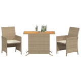 Vidaxl 3-Piece Bistro Set - Beige Poly Rattan With Cushions, Acacia Wood Tabletop, Compact Outdoor Furniture For Patio/Garden