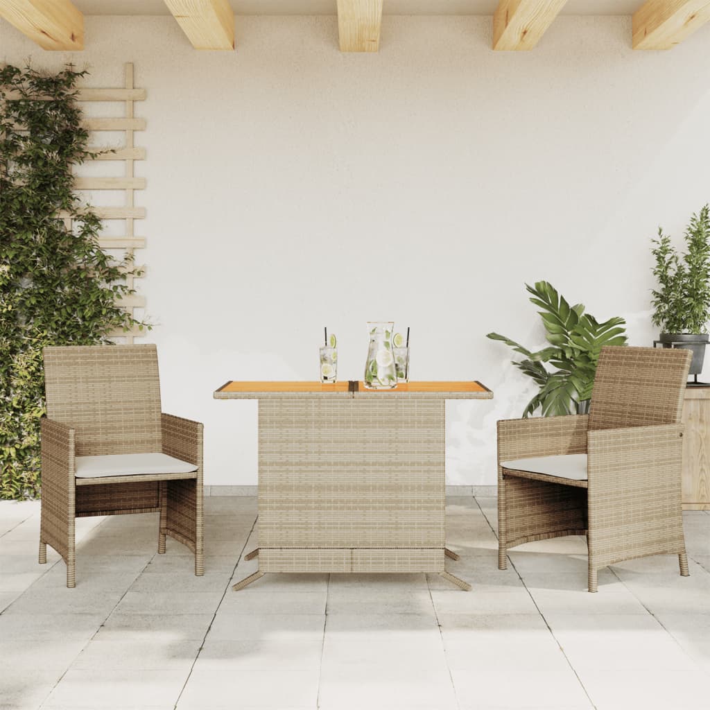 Vidaxl 3-Piece Bistro Set - Beige Poly Rattan With Cushions, Acacia Wood Tabletop, Compact Outdoor Furniture For Patio/Garden