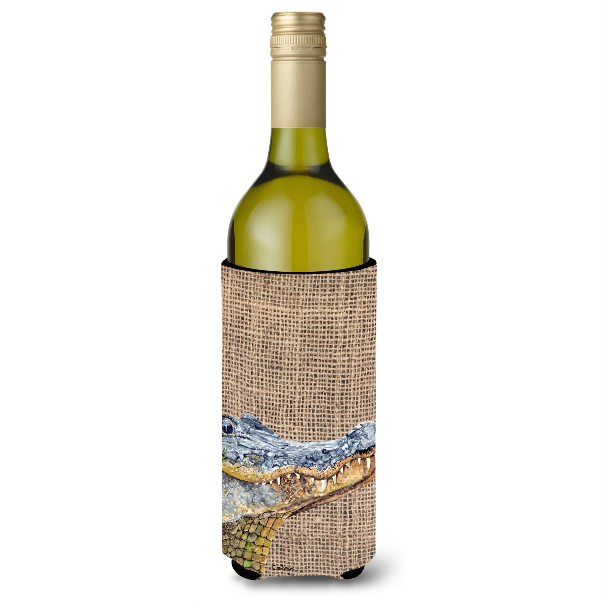 Alligator On Faux Burlap Wine Bottle Beverage Insulator Beverage Insulator Hugger