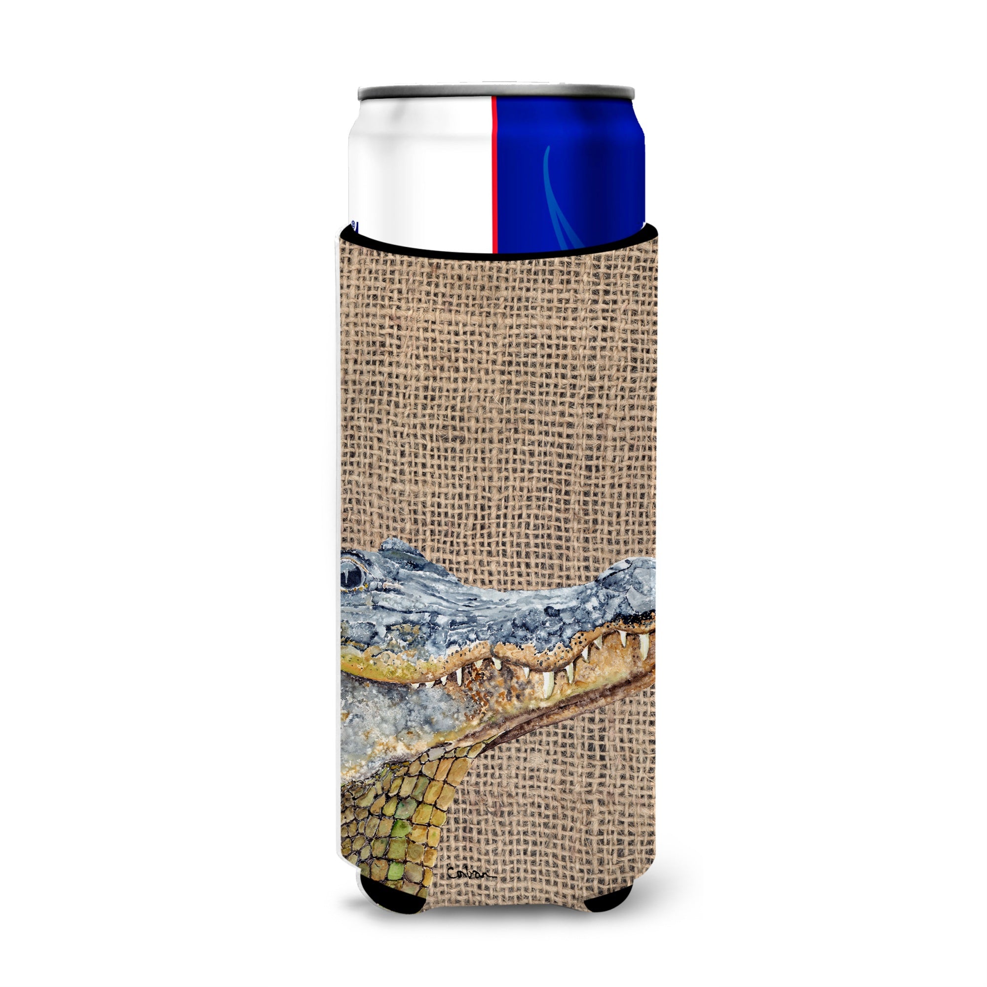 Alligator On Faux Burlap Ultra Beverage Insulators For Slim Cans 8733Muk