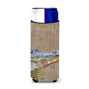 Alligator On Faux Burlap Ultra Beverage Insulators For Slim Cans 8733Muk