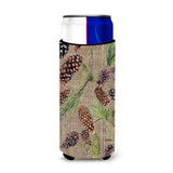 Pine Cones On Faux Burlap Ultra Beverage Insulators For Slim Cans 8735Muk