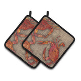 Caroline'S Treasures Cooked Crabs On Faux Burlap Pair Of Pot Holders 8742Pthd, 7.5Hx7.5W, Multicolor