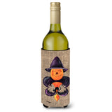 Halloween Pumpkin And Bat Fleur De Lis On Faux Burlap Wine Bottle Beverage Insulator Beverage Insulator Hugger
