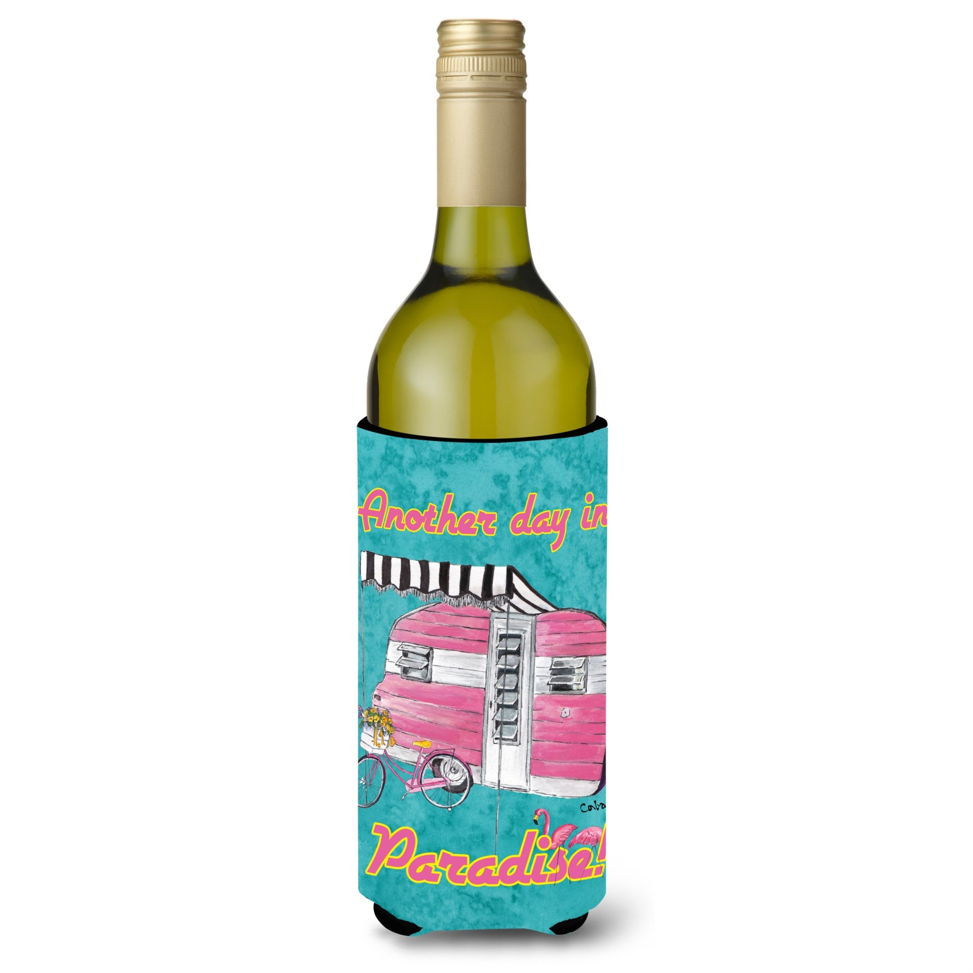 Another Day In Paradise Retro Glamping Trailer Wine Bottle Beverage Insulator Beverage Insulator Hugger