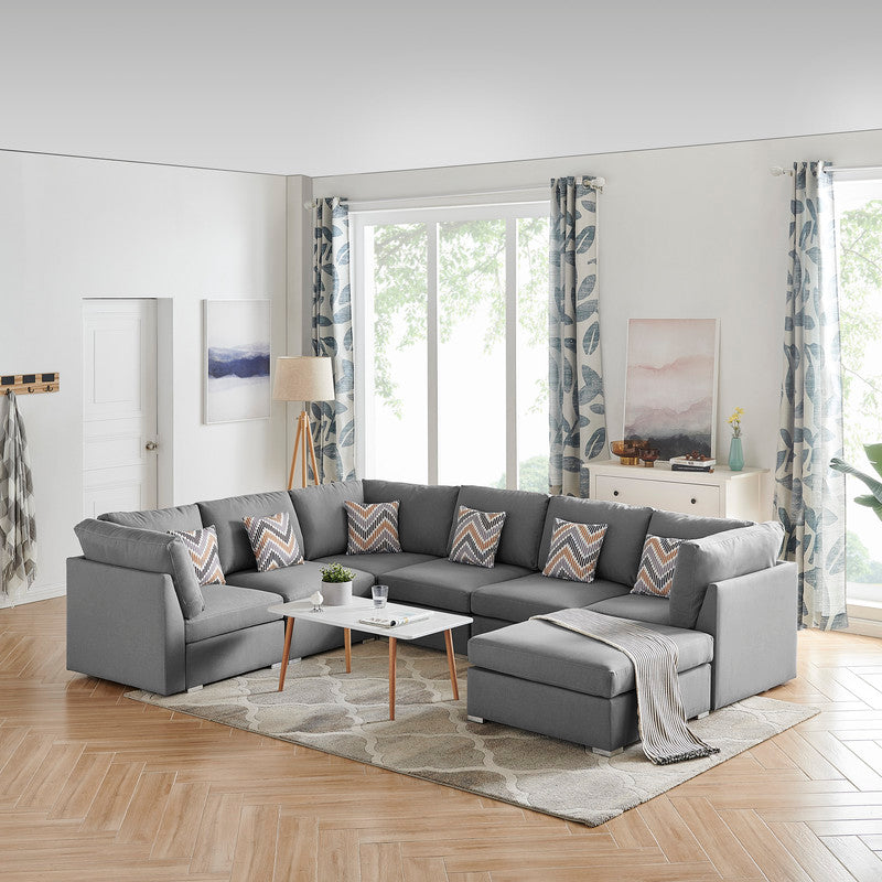 Amira Gray Fabric Reversible Modular Sectional Sofa with Ottoman and Pillows