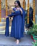 Anni Designer Women'S Rayon Viscose Anarkali Printed Kurta With Pant & Dupatta (Jisma Blue_M_Blue_Medium),Blue,M,,,