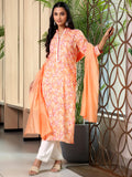 Libas Womens Printed Cotton Blend Straight Kurta With Trousers And Dupatta Orange L