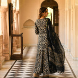 Anni Designer Women'S Rayon Blend Straight Printed Kurta With Sharara & Dupatta (Niranjana Black_L_Black_Large),Black,L,Rayon Blend,Regular,