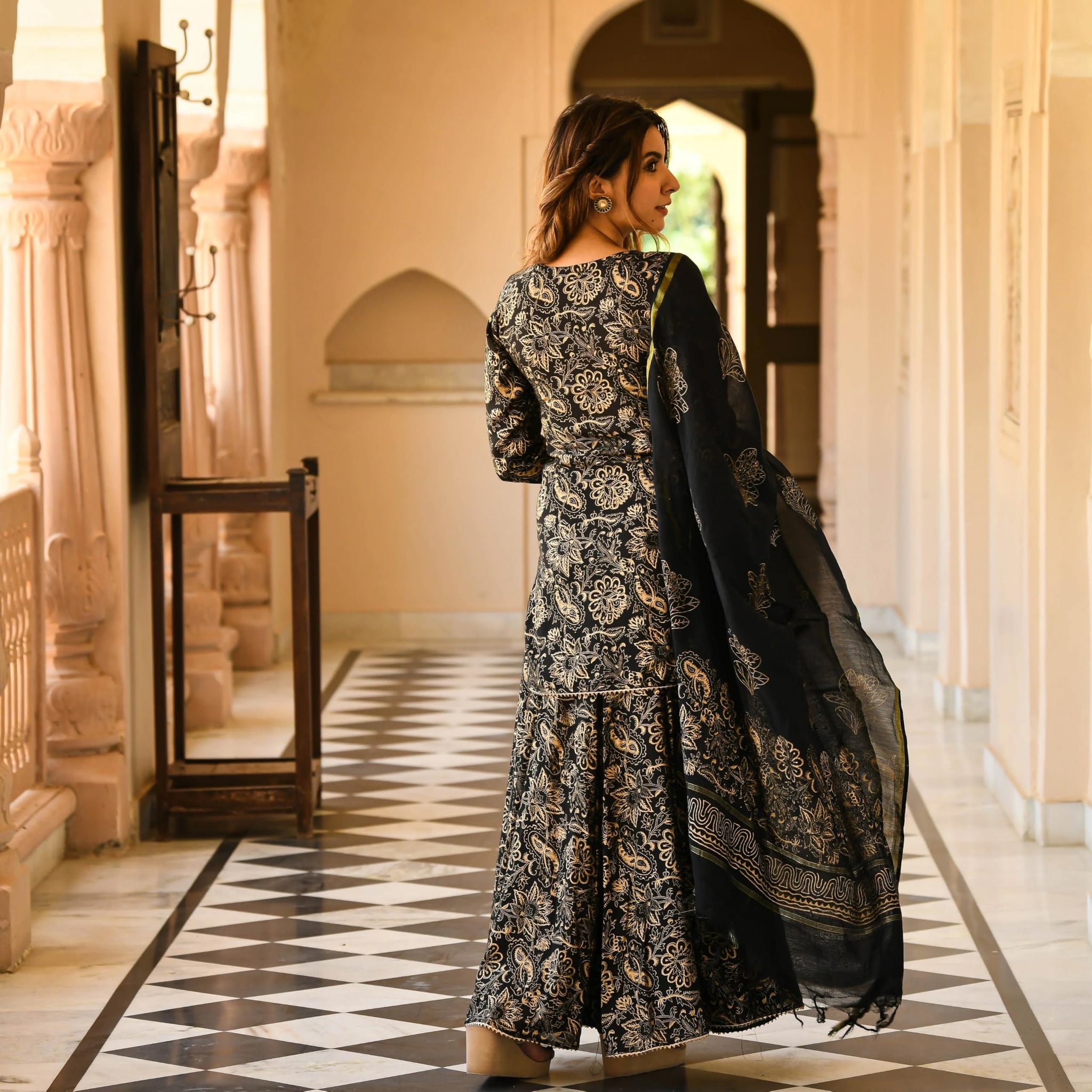 Anni Designer Women'S Rayon Blend Straight Printed Kurta With Sharara & Dupatta (Niranjana Black_S_Black_Small) Straight Fit,Black,S,Rayon Blend,Regular,