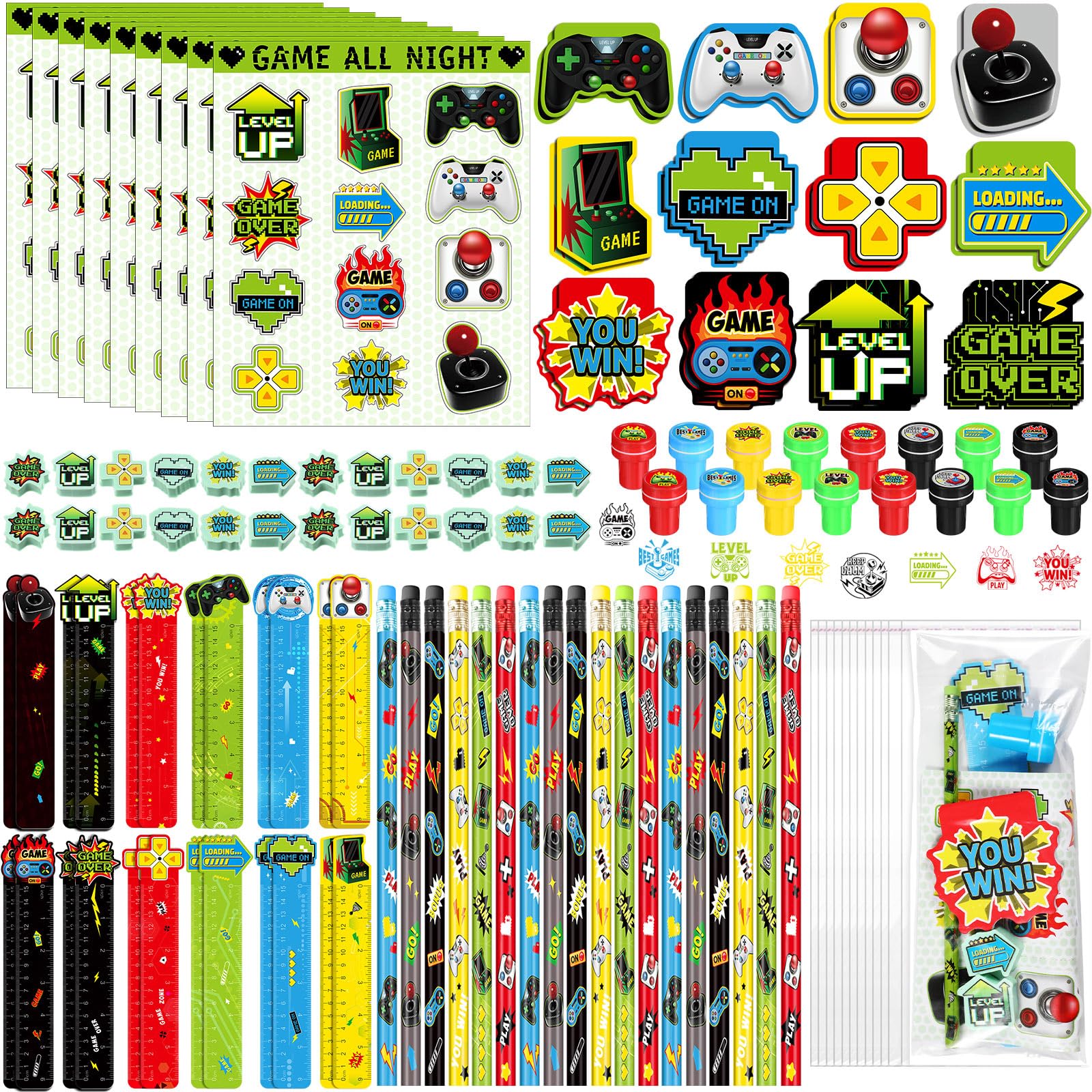 Cholemy 168 Pcs Video Game Party Favors Include Gaming Mini Notebook Gamer Birthday Sticker Pencil Stamper Ruler Eraser for Boy 