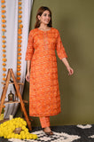 Anni Designer Women'S Cotton Blend Straight Printed Kurta With Pant (Forum-Orange_M Orange_Medium),Orange,M,Cotton Blend,Straight,kurta
