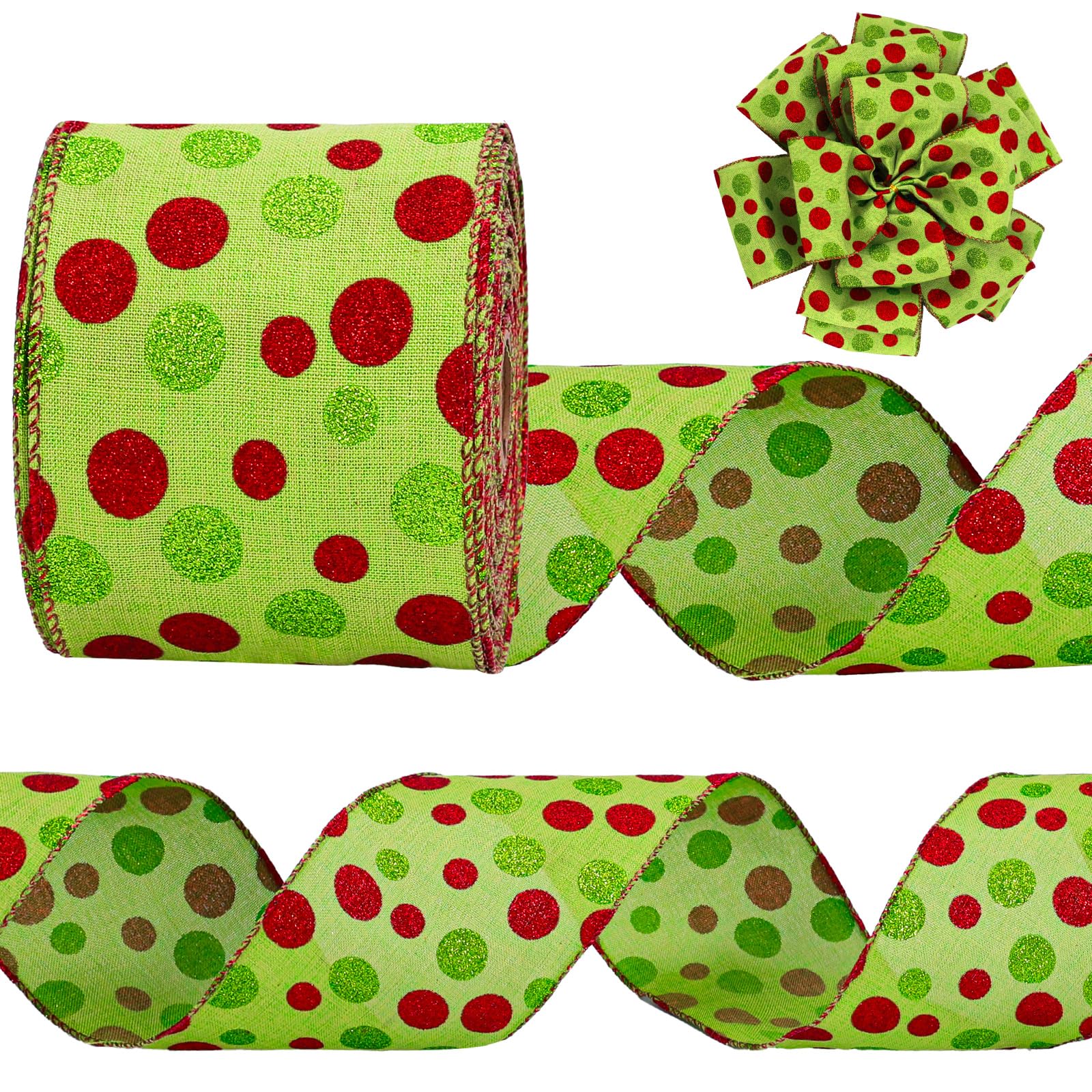 JarThenaAMCS Christmas Wired Edge Ribbons 4 in 15 Yards Glitter Polka Dots Print Green Xmas Tree Ribbon for Bow Wreath Craft Gif