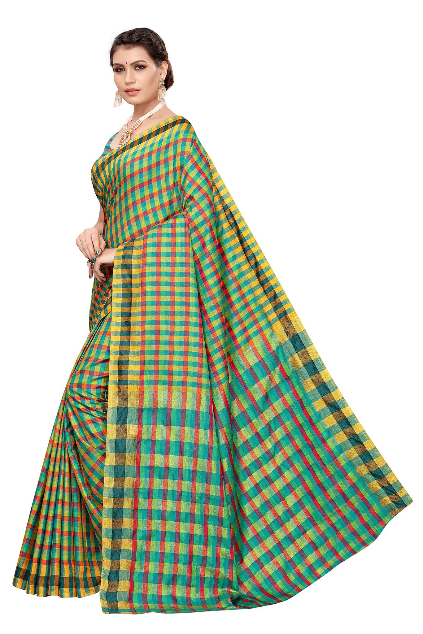 Anni Designer Women'S Multicolor Cotton Blend Checks Print Saree With Blouse Piece(Stuti 22_Free Size),Multicolour,Fs,Cotton Blend,with blouse piece,saree