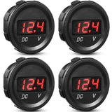 4 Pieces DC 12V Car Voltage Gauge LED Display Waterproof Voltmeter Digital Round Panel Voltmeter Compatible with Vehicle Motorcy