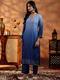 Libas Womens Embellished Muslin Straight Kurta With Trousers And Dupatta Blue 2Xl