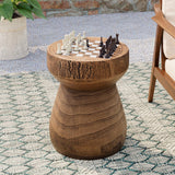 COSIEST Outdoor Side Table w Chessboard, 14''Concrete Faux Wooden Garden Stool, Lightweight Decor Outdoor Round End Table, Plant