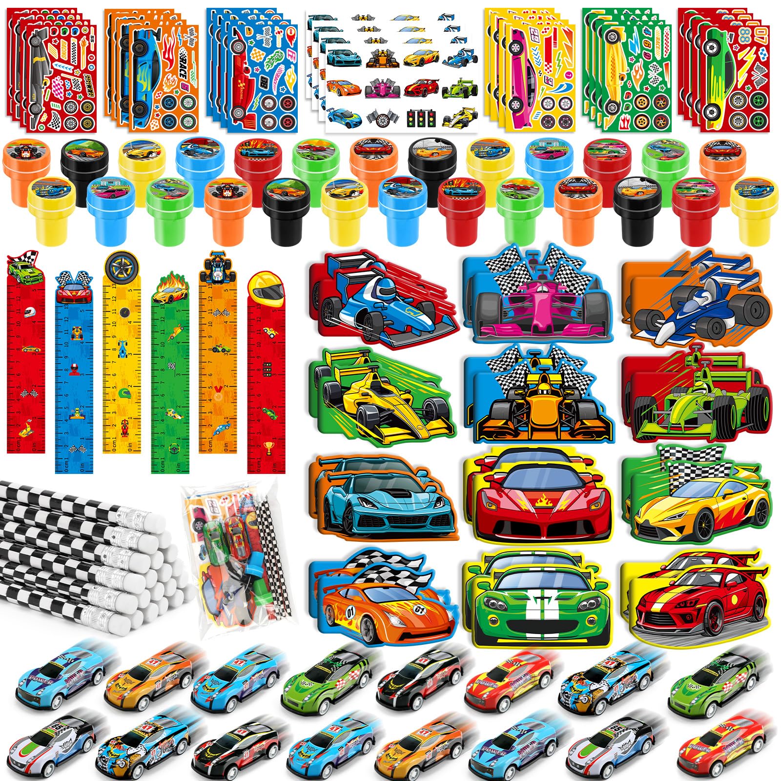 BenLouis 192Pcs Race Car Party Favors Racing Theme School Stationery Set Bulk for Kids Fast Racecar Wheel Birthday Party Goodie 