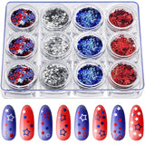 12 Boxes Independence Day Star Glitters Holographic Nail Art Decals Red Blue Silver Mixed Star and Hollow Star Shaped Nail Sequi