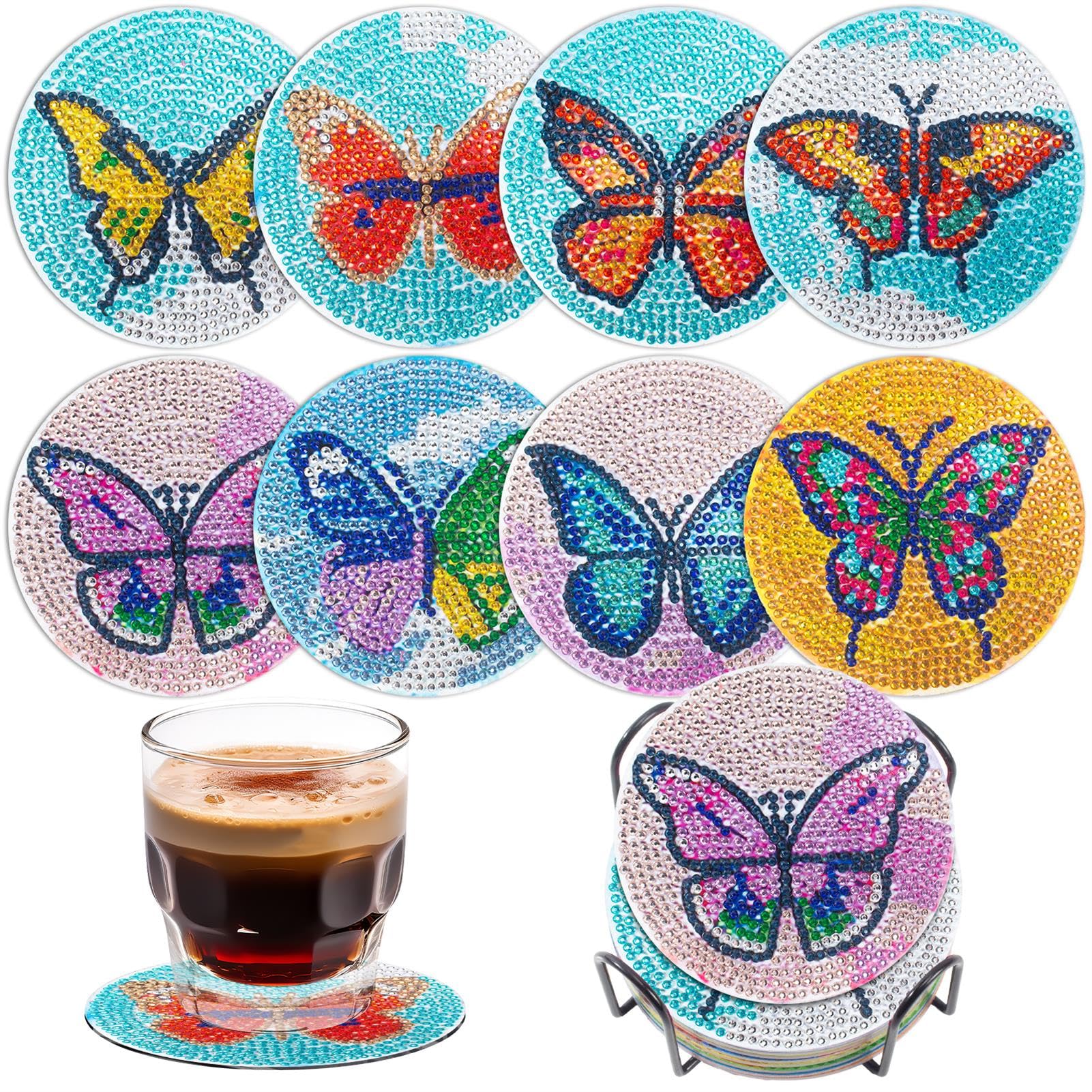 Butterfly Diamond Art Coasters Kit for Adults, 8PCS DIY Diamond Painting Craft Set with Holder, Gem Art Mosaic Coasters, Diamond