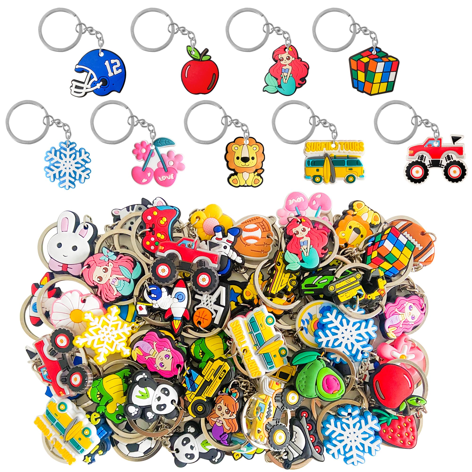 Jongdari 40pcs Cute Keychains for Kids, Random Different Cartoon Assorted Mini Funny Backpack Key Chain Charms Bulk, Classroom P