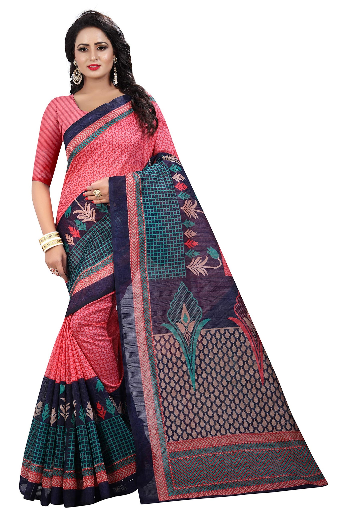 Anni Designer Women'S Bhagalpuri Ethnic Printed Casual Wear Saree With Blouse Piece(Ad-Rosy Checks Pink Free Size),Pink,FS