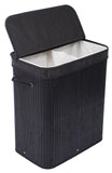 BIRDROCK HOME Double Laundry Hamper with Lid and Cloth Liner - Bamboo - Black - Easily Transport Laundry Basket - 2 Section Coll