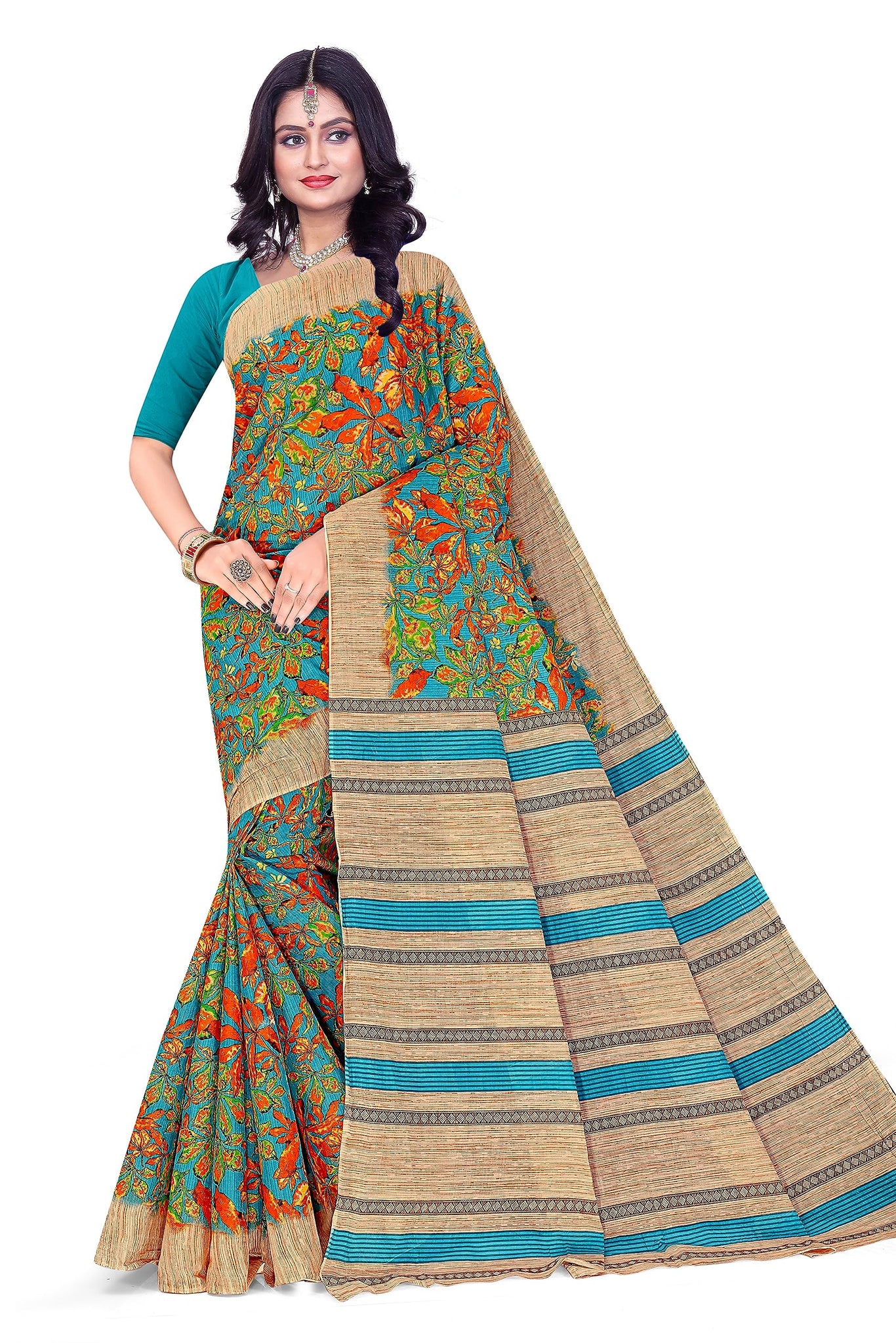 TAMAIRA FASHION Women's Autumn Leaf Print Pure Cotton Saree Without Blouse Piece(11184_Seagreen)