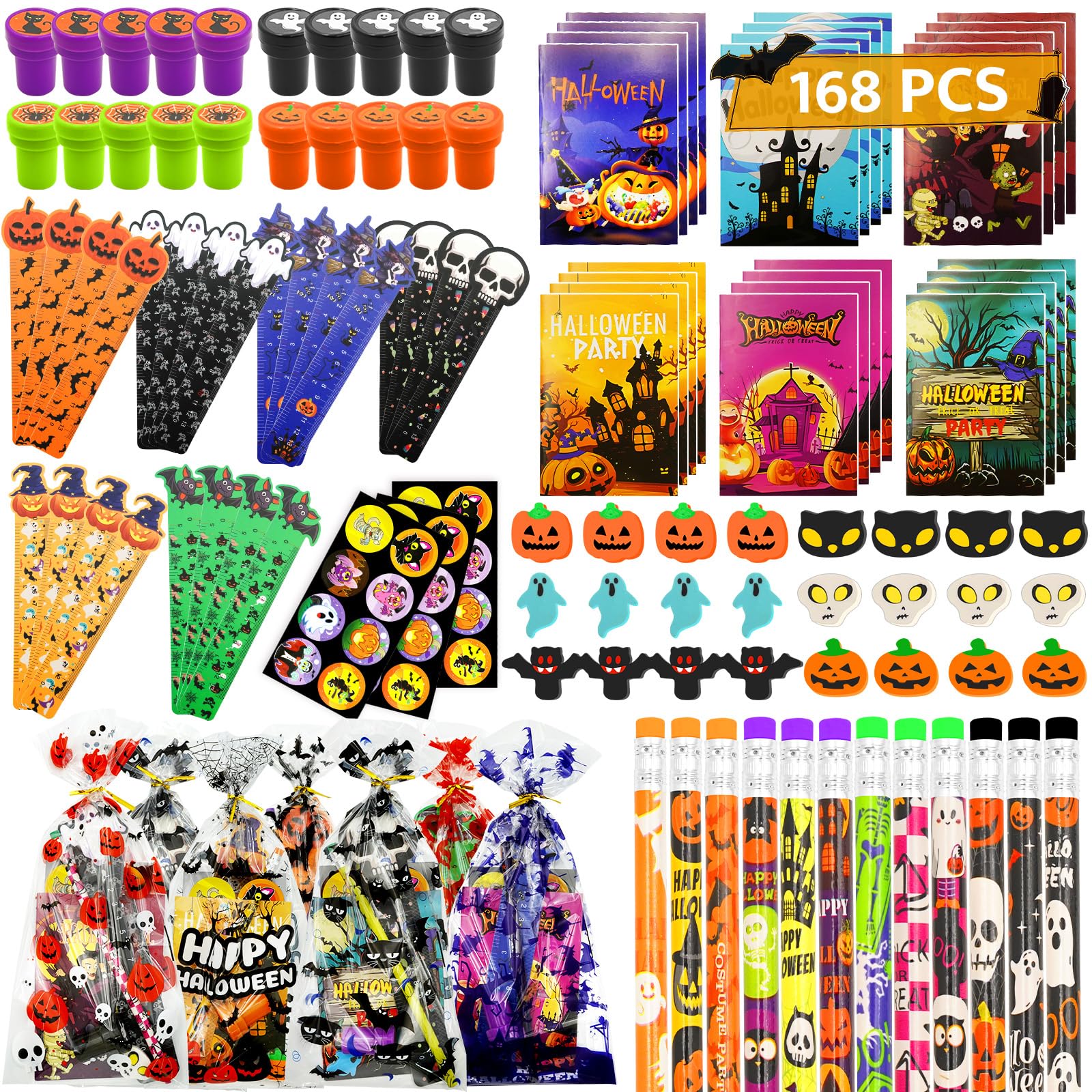 168 PCS Halloween Party Favors for Kids, 24 Pack Halloween Stationery Set for Halloween Party School Classroom Prizes Goodie Bag