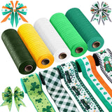 Woanger 10 Rolls St Patrick's Day Ribbon Including 5 Rolls Mesh Ribbon 5 Reels Wired Edge Silk Sash Buffalo Plaid Shamrock Truck