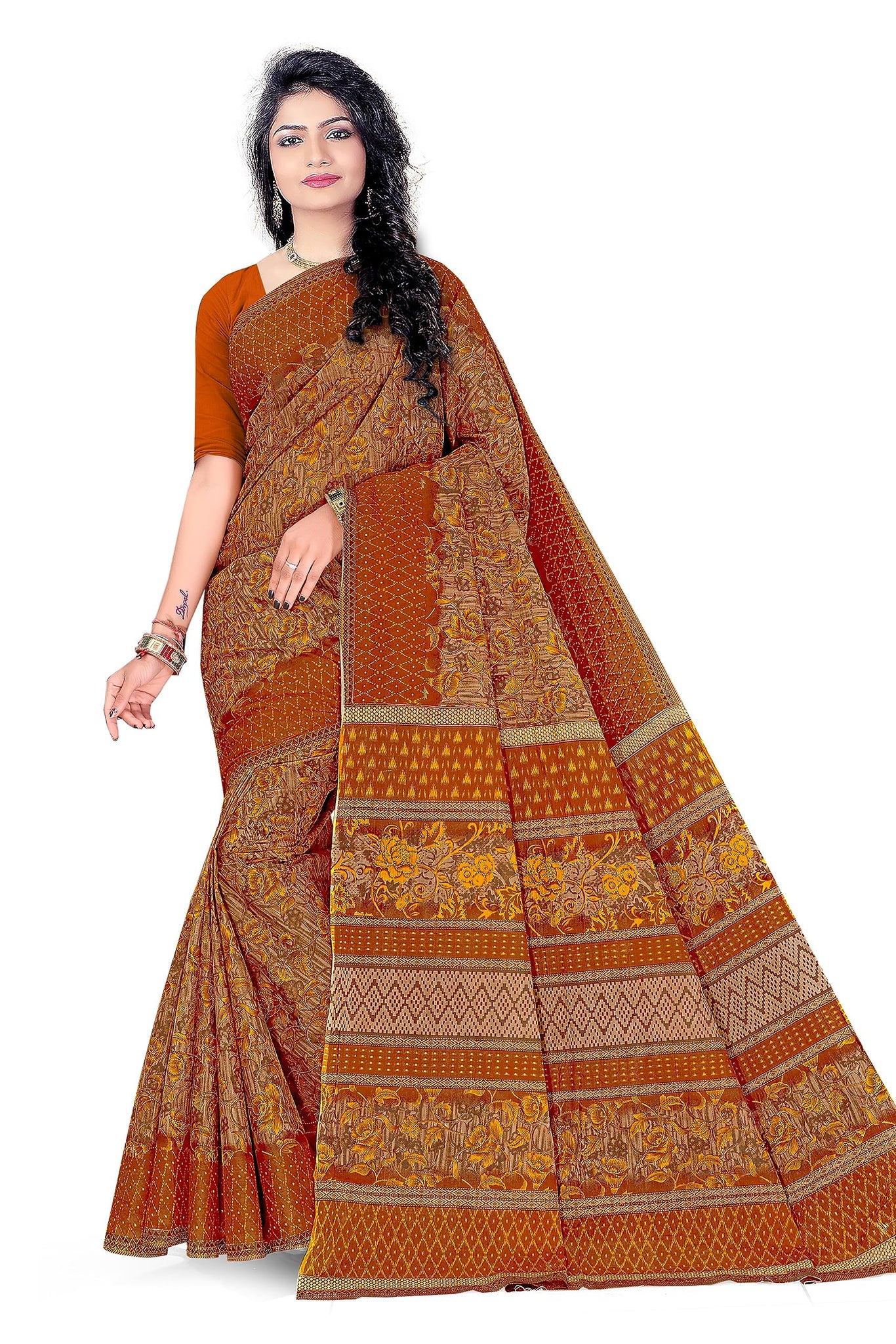 TAMAIRA FASHION Women's Plain Weave Floral Print Pure Cotton Saree Without Blouse Piece(11146_Beige&Mustard)