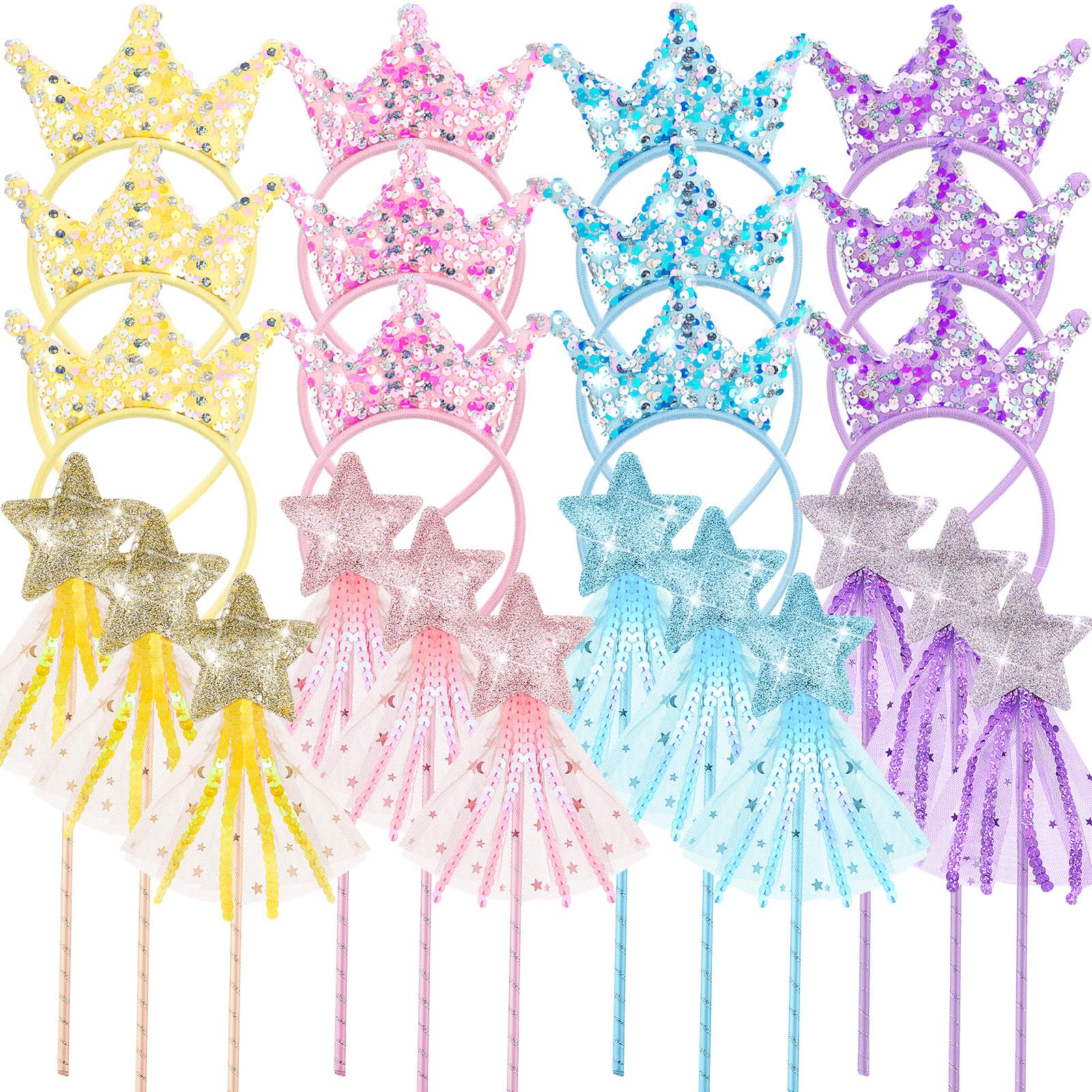 Hollowfly 24 Pcs Princess Party Favors Including 12 Glitter Star Fairy Wands and 12 Sequin Princess Crown Headbands for Girls Bi
