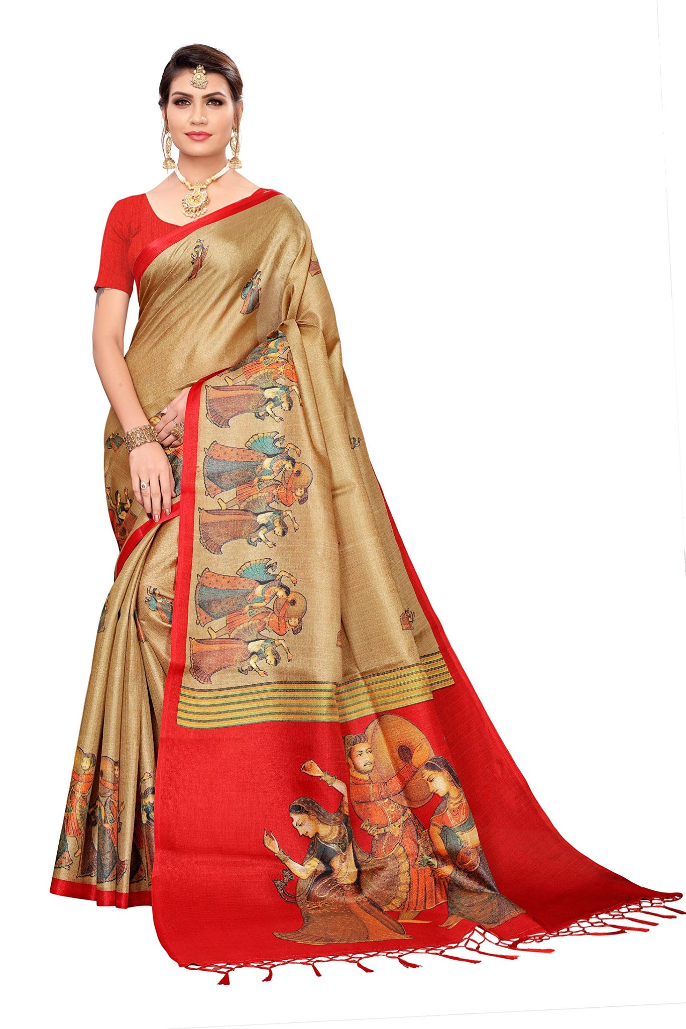 Gosriki Women'S Silk Blend Saree (Raja-Rani-Chiku_Beige),Beige,,B07T88S3QS
