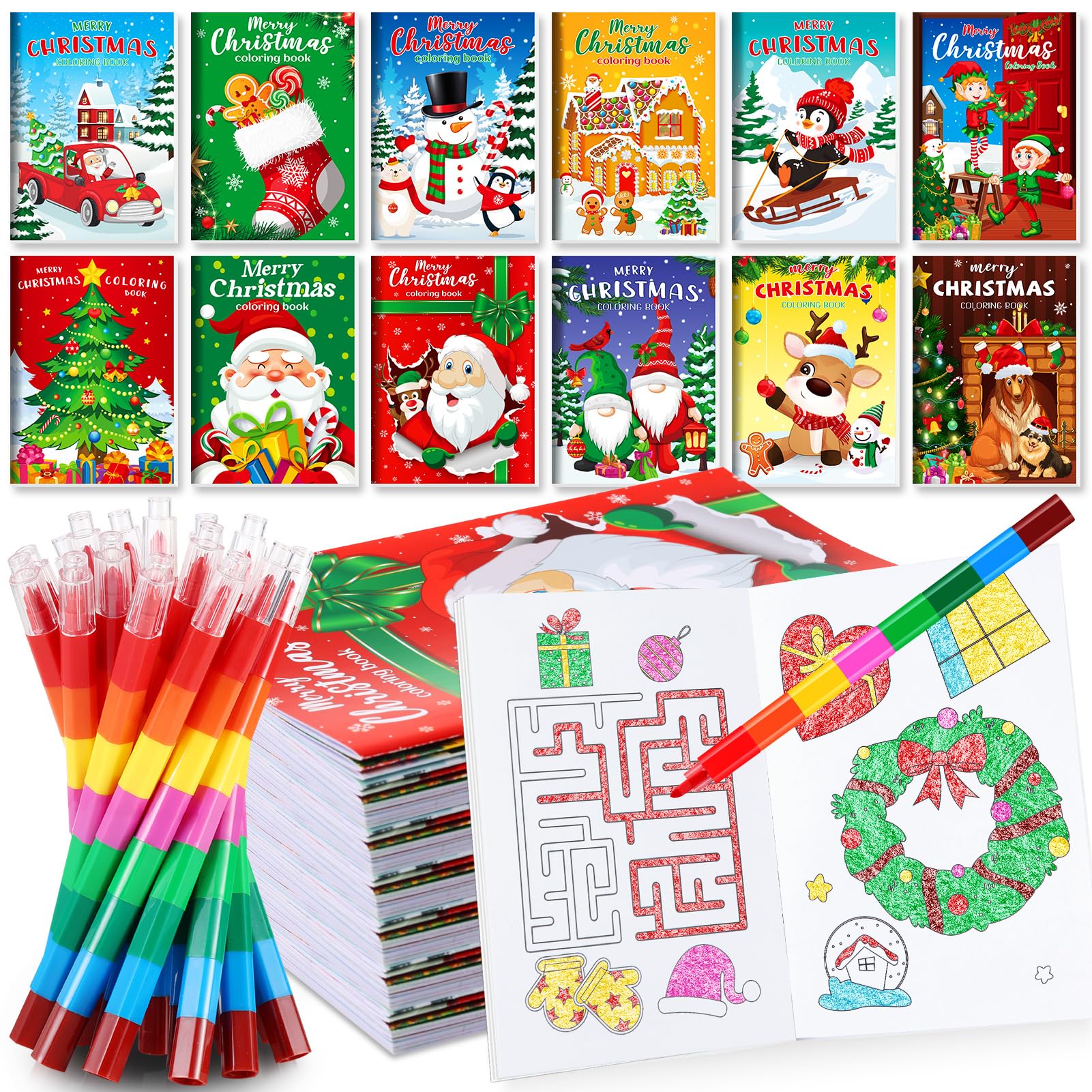 BenLouis 12 Christmas Mini Coloring Books Kids with 12 Stacking Crayons Christmas Theme Party Favors Small Activity Books Bulk f