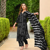 Anni Designer Women'S Rayon Blend Straight Bandhej Printed Kurta With Pant & Dupatta (Baghira Black_Xxl_Black_Xx-Large),Black,2XL,Rayon Blend,Regular,