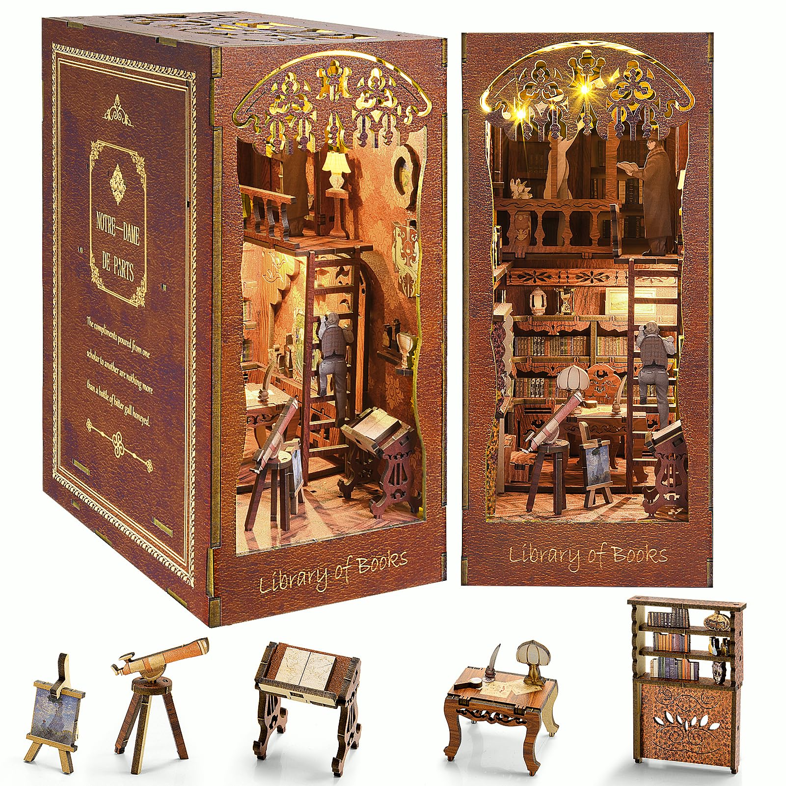 DIY Book Nook Kit with LED Light - 3D Wooden Puzzle Miniature House Dollhouse Kit for Bookshelf Insert Decoration, Perfect Booke