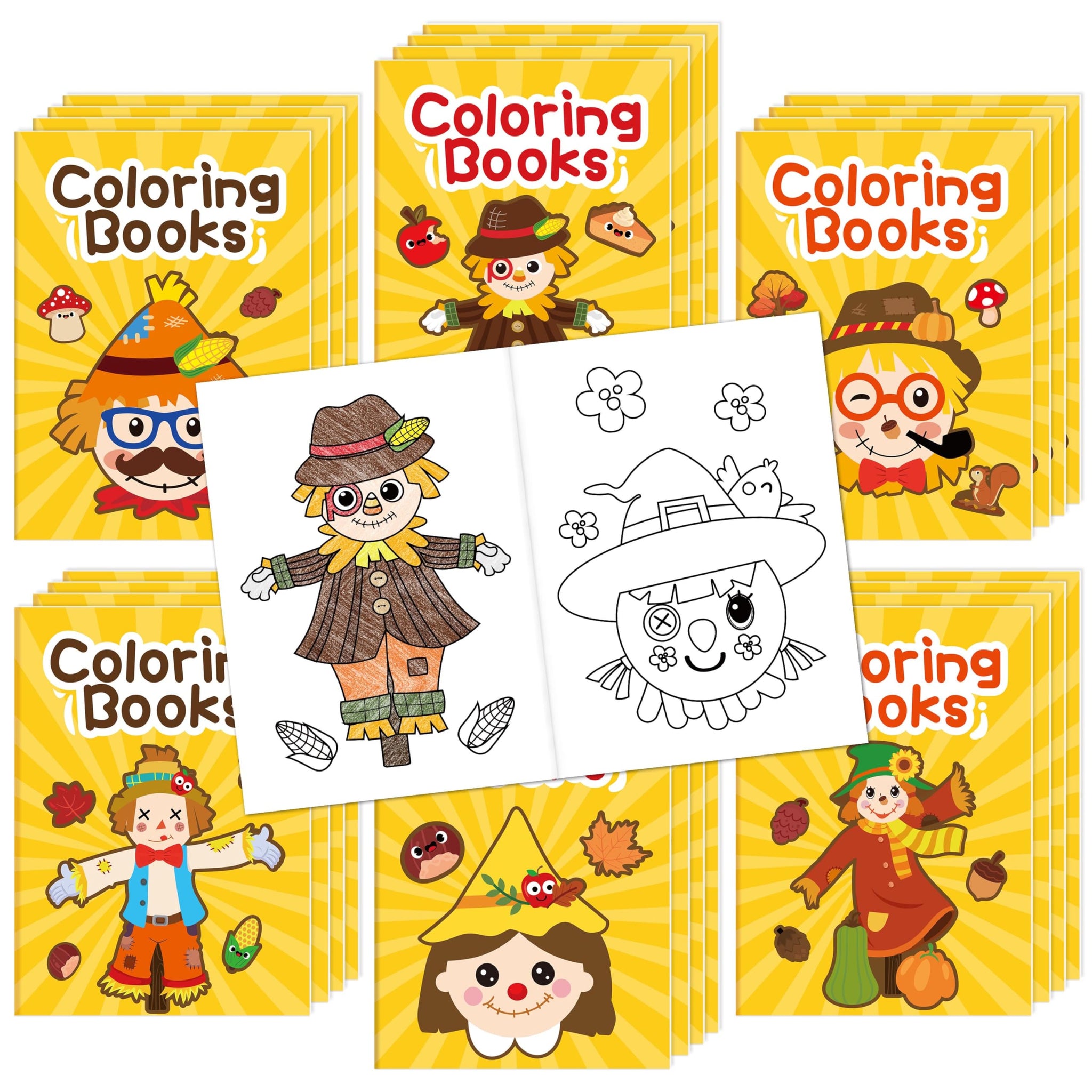 JAPBOR Fall Scarecrow Coloring Books - 24PCS Mini Autumn Scarecrows Color Book Bulk for Kids Party Favors, Thanksgiving Rustic S