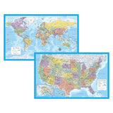 2 Pack - Laminated World Map & US Map Poster Set - Wall Chart Map of the World & United States - Made in the USA [Light Blue]