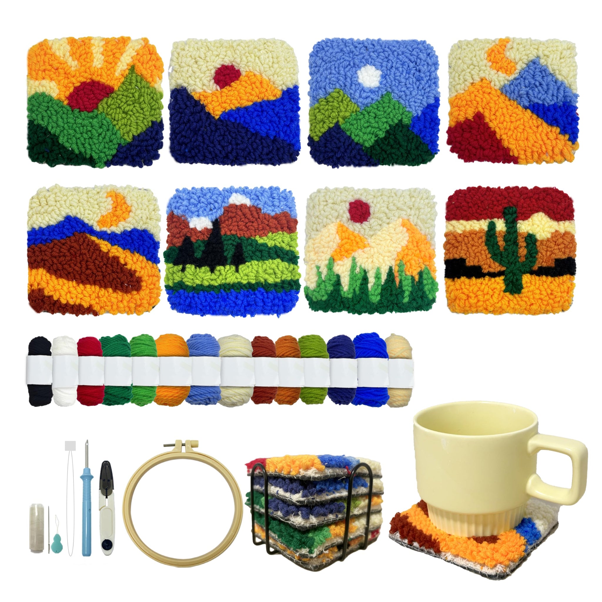 Punch Needle Coasters Kit for Beginners Adults Easy Needle Punch Embroidery Tool Set DIY Making Kit Supplies, 8 Pattern Landscap