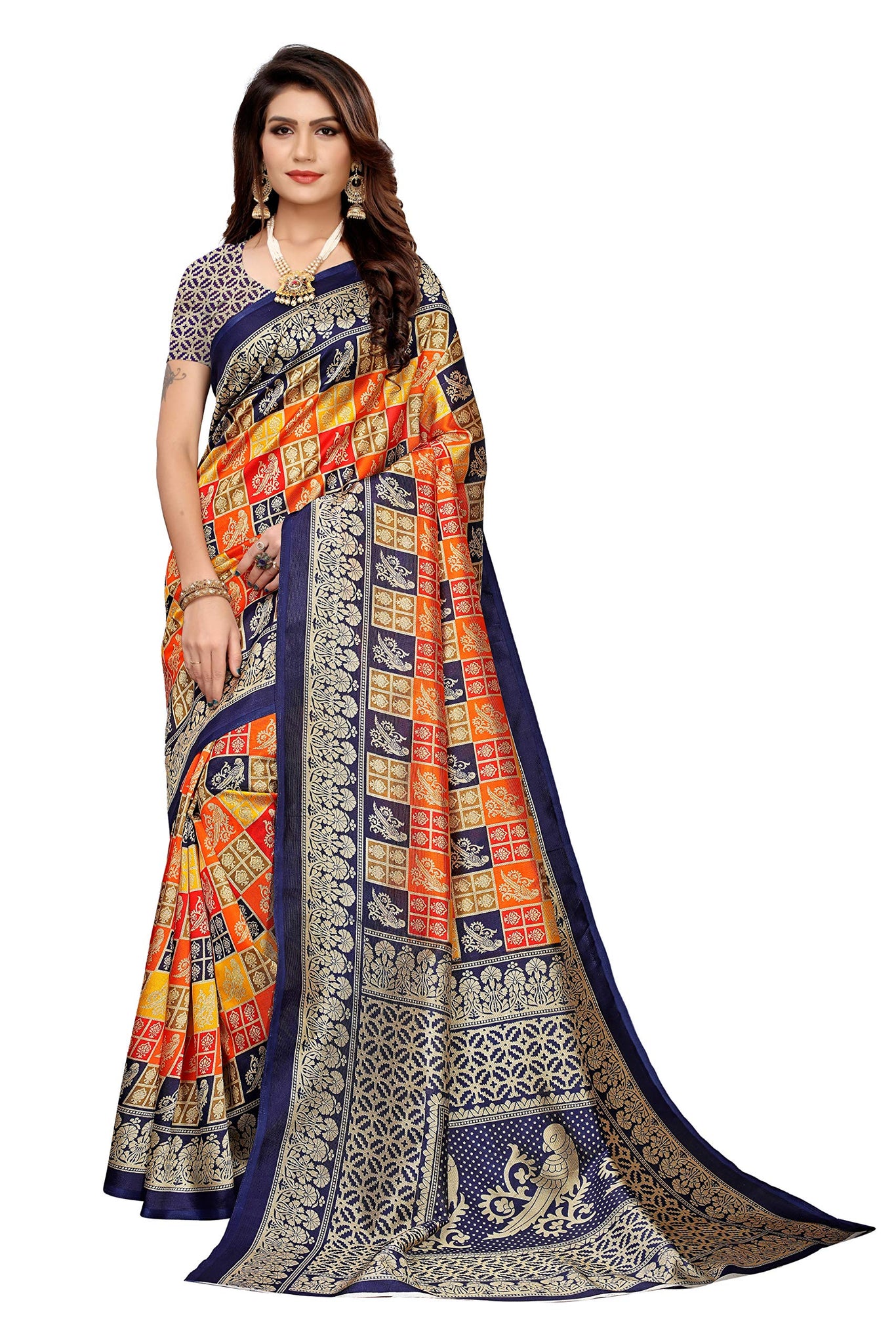 Anni Designer Women'S Navy Blue Color Art Silk Saree With Blouse (Priti-Birds-Navy_Free Size),navy,Free