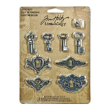 Tim Holtz Ideaology Metal Locket Keys with Fasteners, 4 Keys and 4 Keyholes per Pack, Various Sizes, Antique Finishes, TH92822
