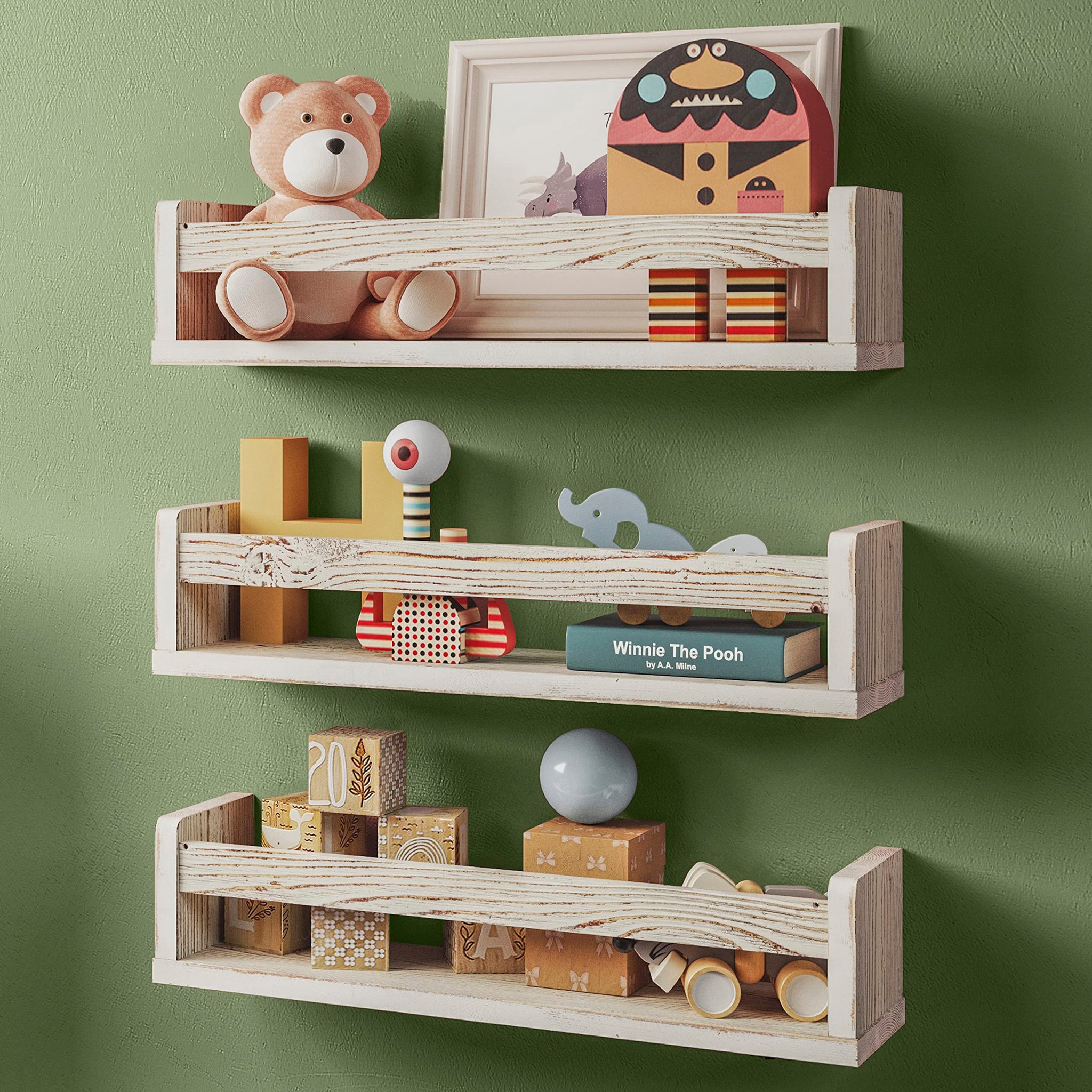 NATURE SUPPLIES Set of 3, 16.4 inch Nursery Book Shelves Made of Solid Wood for Books, Toys, Decor, Wall Kids Bookshelf, Floatin