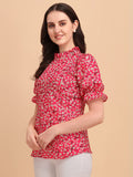 Wedani Women'S Casual Trendy Floral Top With Short Puffed Sleeves Western Ruffled Collar Poly Rayon Dark Pink,Dark Pink,S,Rayon,Regular,