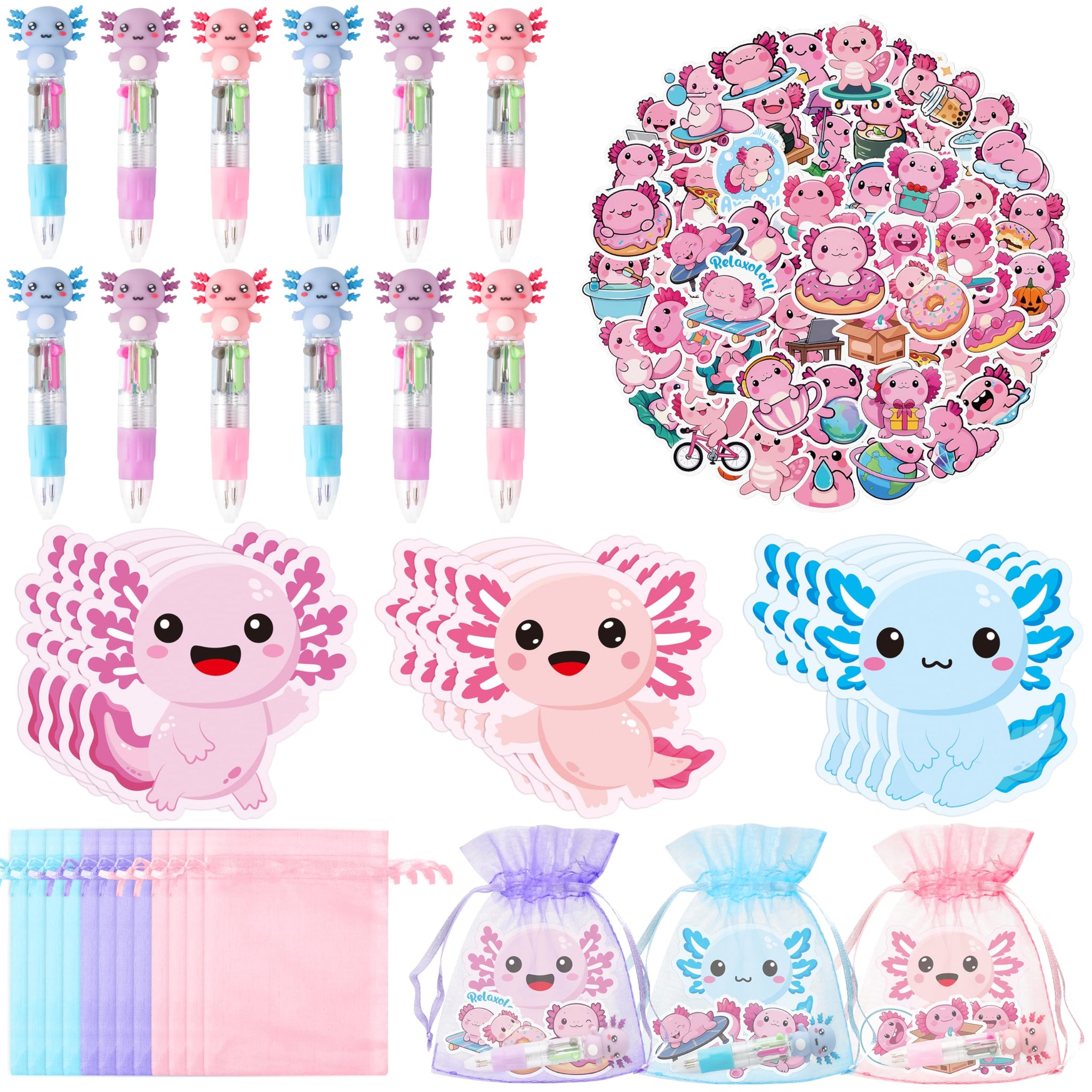 CY2SIDE Axolotl Stationery Party Gift - 24 Pack Axolotl Prizes Set Include 4-in-1 Ballpoint Pen Sticky Note Sticker and Organza 