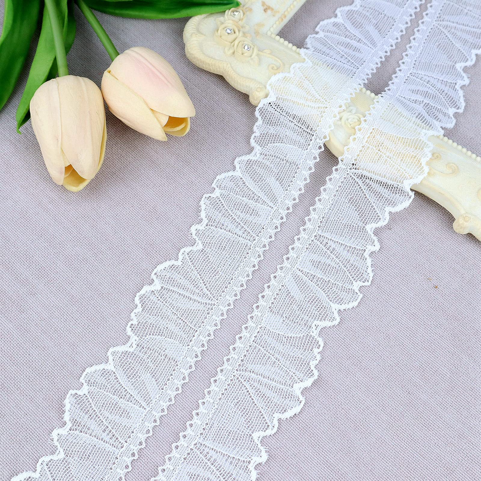 ZNZAKKA Stretch Lace Trim, 15 Yards White Elastic Lace Ribbon Floral Lace Edge Trim for DIY Crafts, Wedding Decoration, Gift Wra