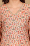 W For Woman Peach Floral Printed Straight Kurta With Lace Highlight (Size: Xl)-24Auw12224-124840
